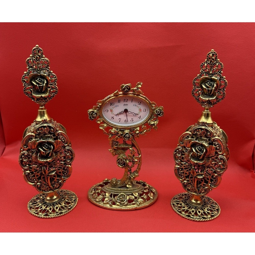 Vintage Germany Linden Ormolu Gold Gilding Windup Alarm Clock & Perfume Bottles